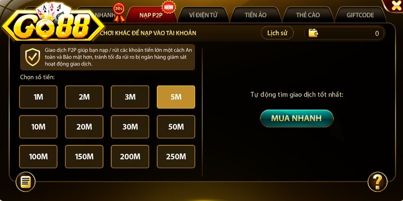 Go88 hỗ trợ người chơi giao dịch nạp tiền với nhiều phương thức tiện lợi