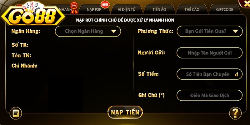 Quy trình nạp tiền tại Go88 tối giản, dễ hiểu cho người chơi
